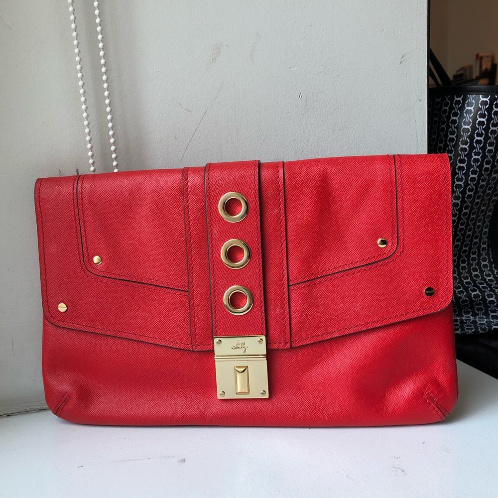 Red Milly Leather Clutch Purse with Chain Strap